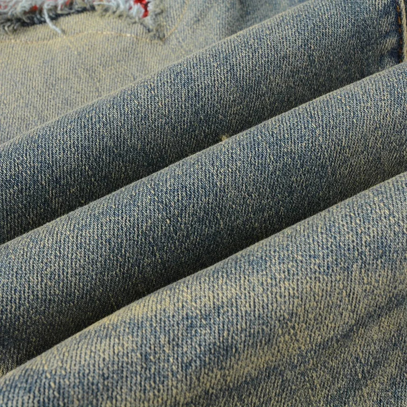 Men Cracked Patch Stretch Denim Jeans