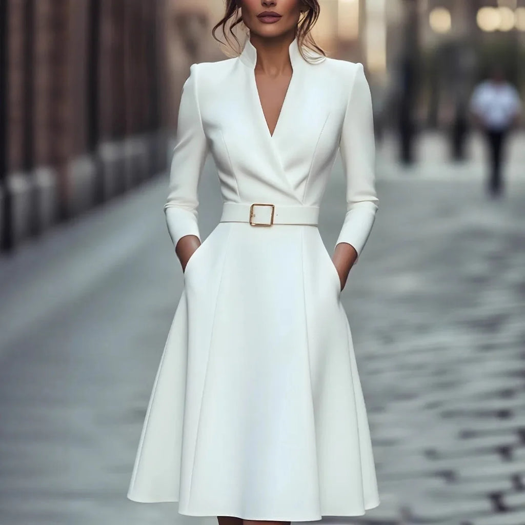 V-neck waist-cinching long-sleeved dress