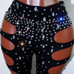 Rhinest Hollow Out Black Women Bodysuit Pants