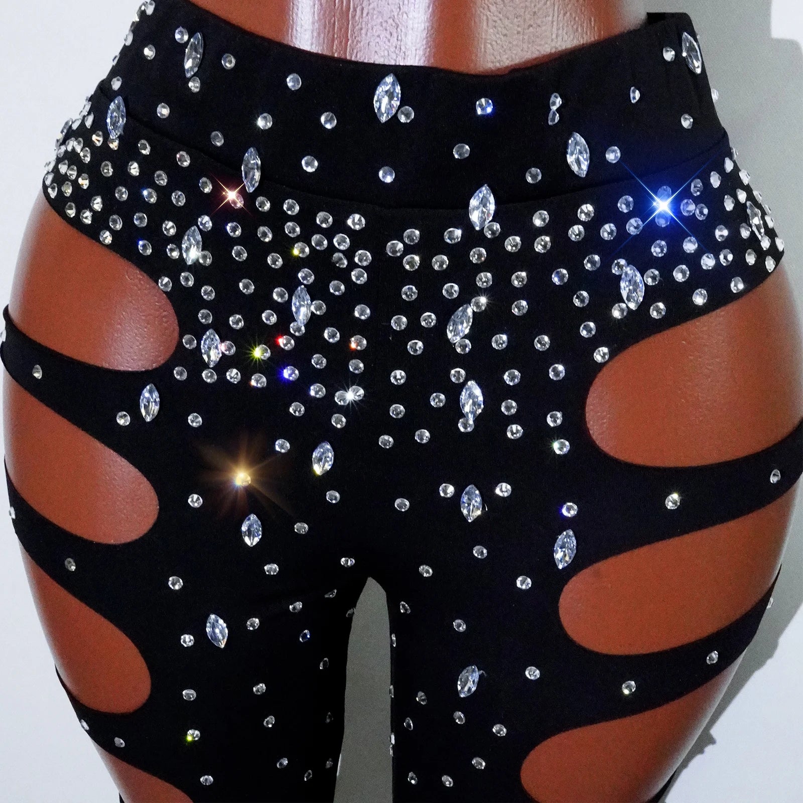 Rhinest Hollow Out Black Women Bodysuit Pants