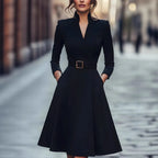 V-neck waist-cinching long-sleeved dress