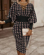 Elegant Maze Printed Long Sleeved Slim Fit Dress