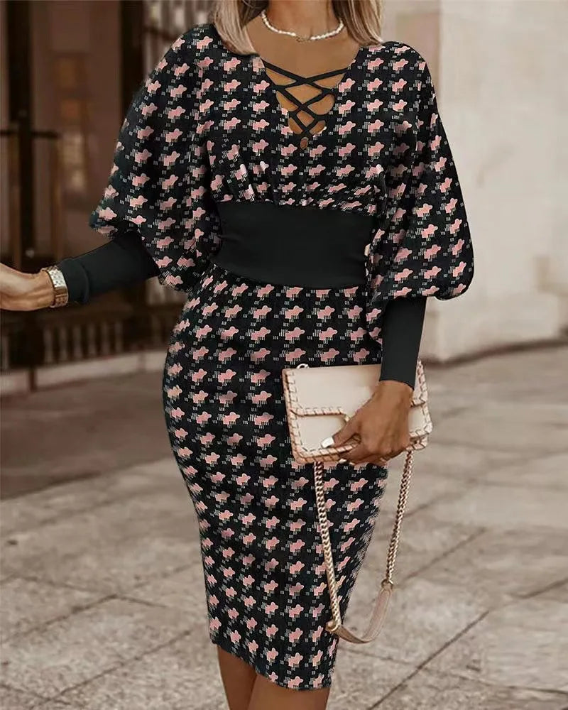 Elegant Maze Printed Long Sleeved Slim Fit Dress