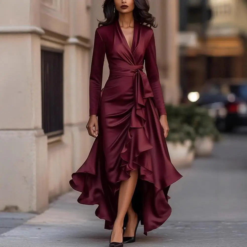 Evening Dress V Neck High Waist Slim Fit Ruffle
