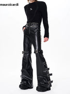 Mauroicardi Long Black Pu Leather Flare Pants