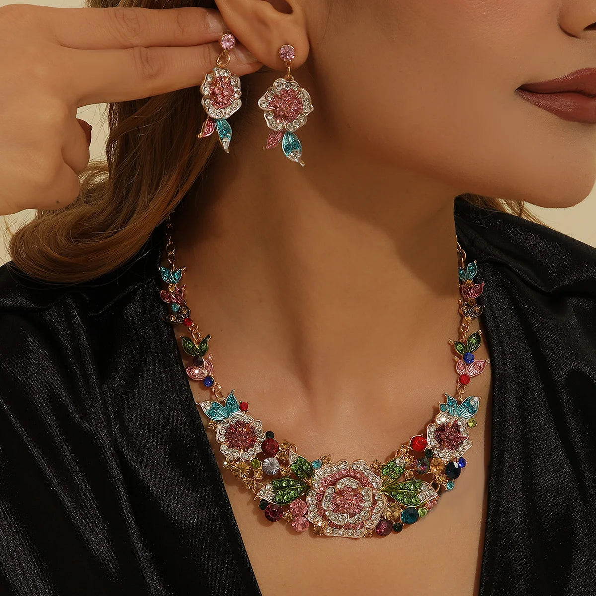 Mother’s Day Jewelry Gift:Luxury 3Pcs Rhinestone Flower Set