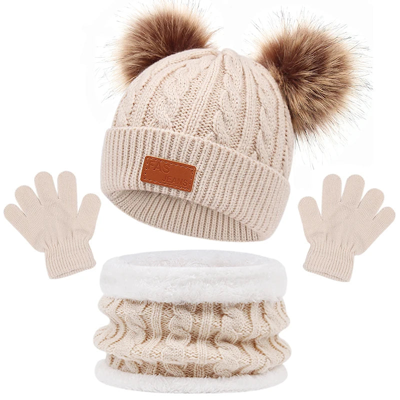 3Pcs Winter Baby beanie hat and scarfs with gloves
