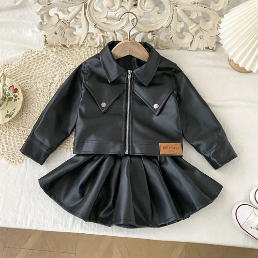 Cool Girls Pu Leather Jacket With Short Skirt Two-Piece Outfit Set