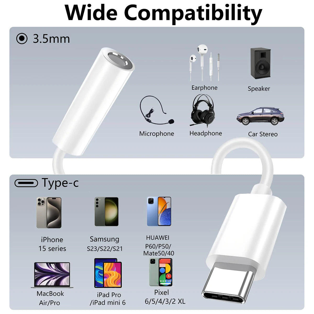 1-2Pcs Type C To 3.5 mm Aux Adapter
