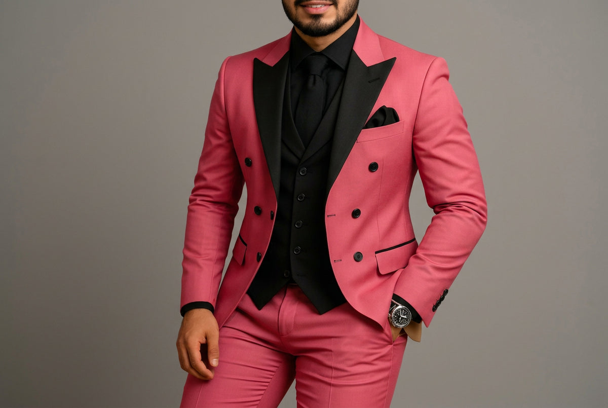 Pink suit with black lapels and trim on a neutral background, featuring 'Classic Tailored Men Suit Store' text.