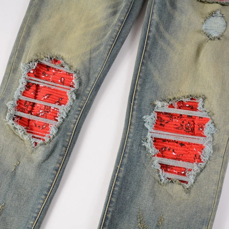Men Cracked Patch Stretch Denim Jeans