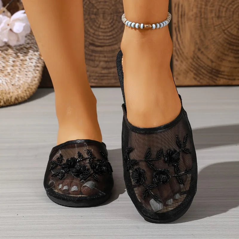 Closed Toe Embroider Flower Solid Soft Bottom Sandals