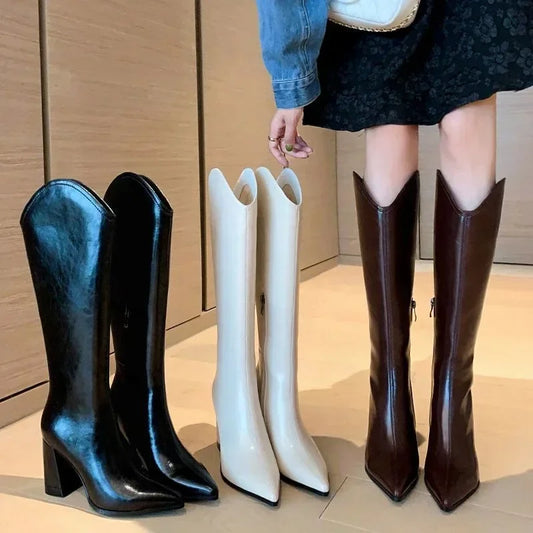 PU Leather Long Boots V-port Pointed Toe Knee High Boots
