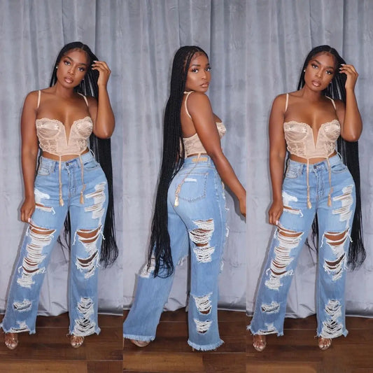 Women Long Pants Elegant Splice Denim Pant