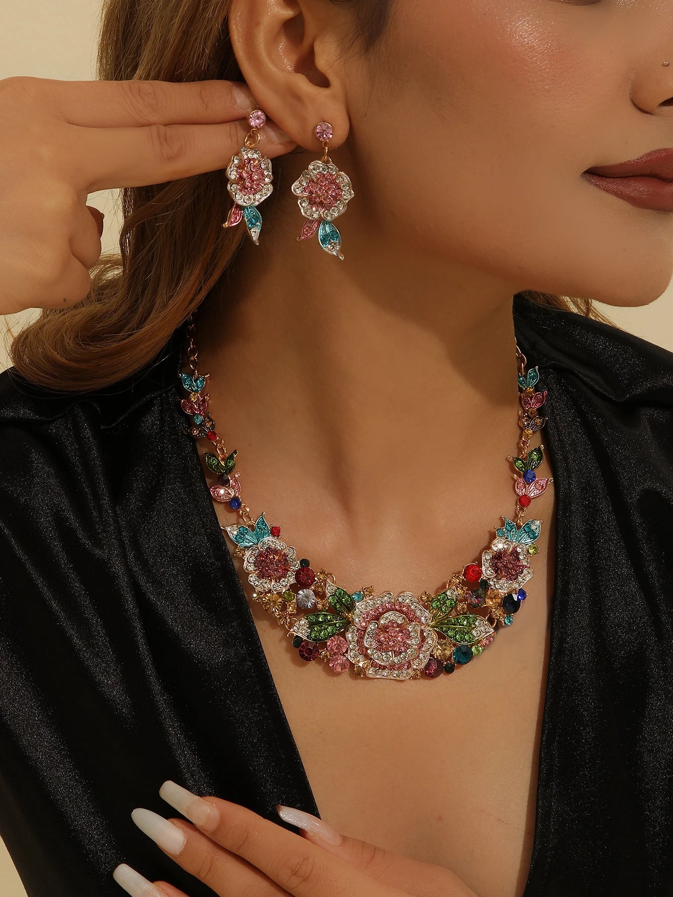 Mother’s Day Jewelry Gift:Luxury 3Pcs Rhinestone Flower Set