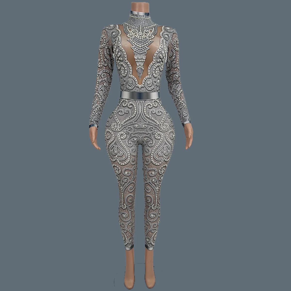 Rhinestone Pearls Spandex Jumpsuit