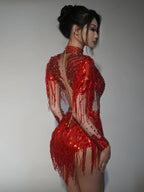 Rhinestone Gold Silver Sequin Tassels Bodysuit