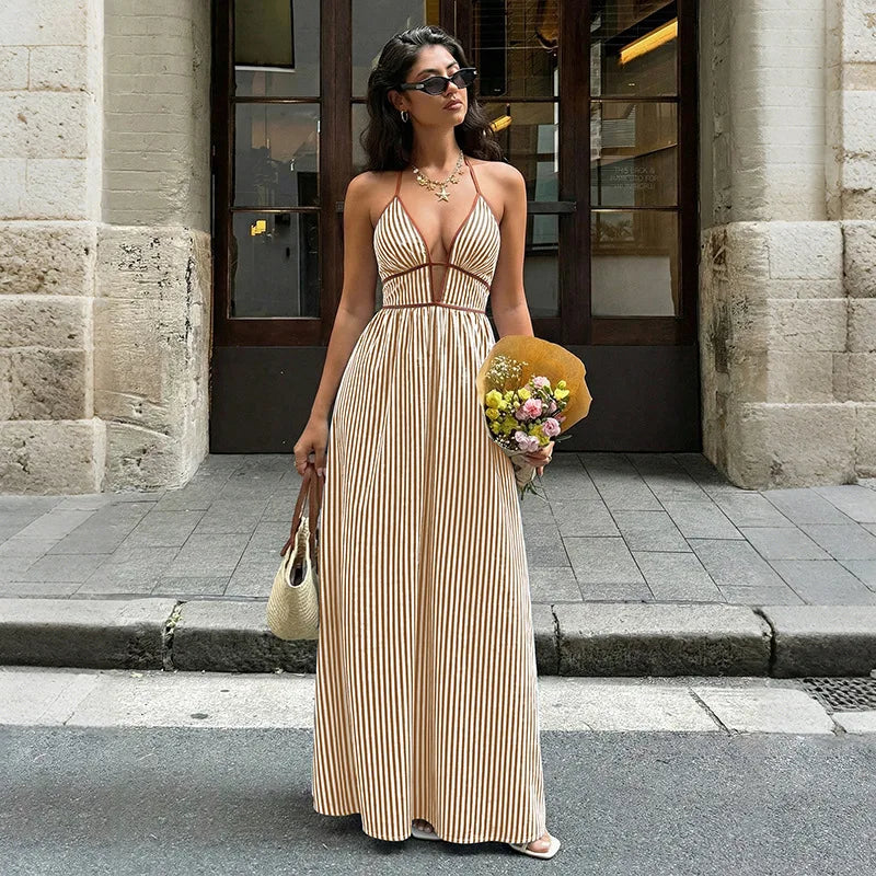 New Backless Halter Sleeveless Deep V-Neck High Waist Dress