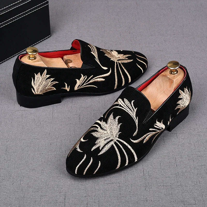 Men Suede Leather Designer Embroidery Loafers