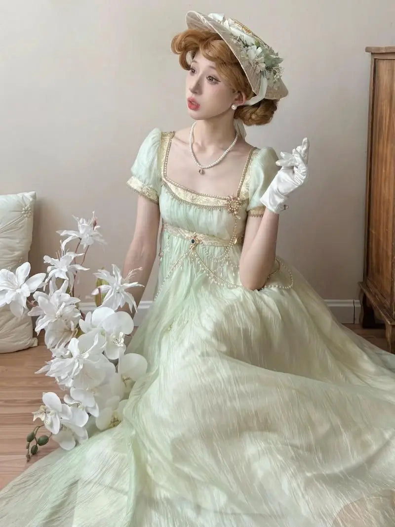 Luxury Green Beaded Lace Formal Dress French Elegant Party Outfit Chic Retro