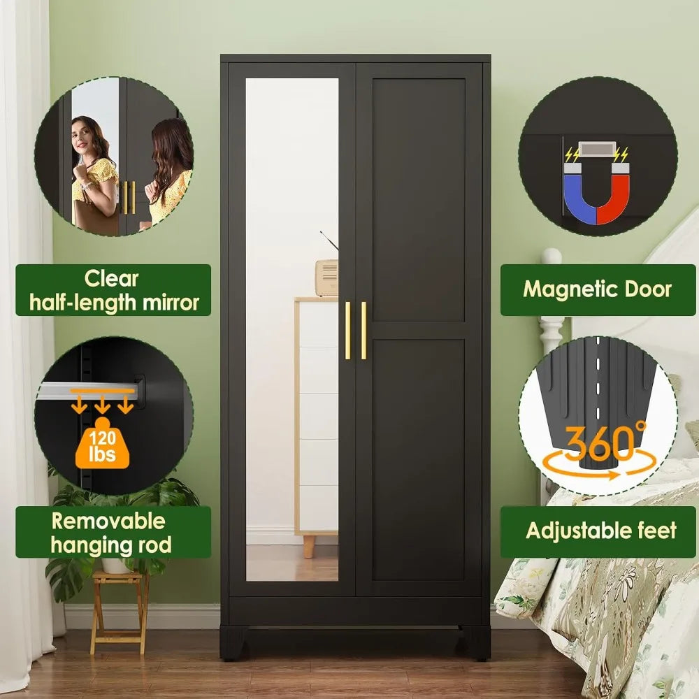 71" Metal Wardrobe Armoire 2 Mirror Doors