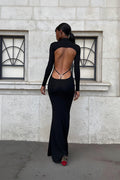 black long sleeve back out elegant body con party dress
