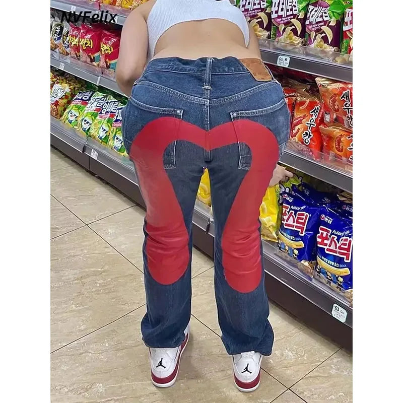 Punk Vintage Print Wide Leg Denim Jeans