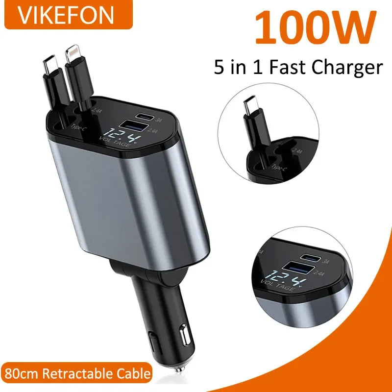 Retractable Car Charger, 4 in 1 Fast Car Phone Charger