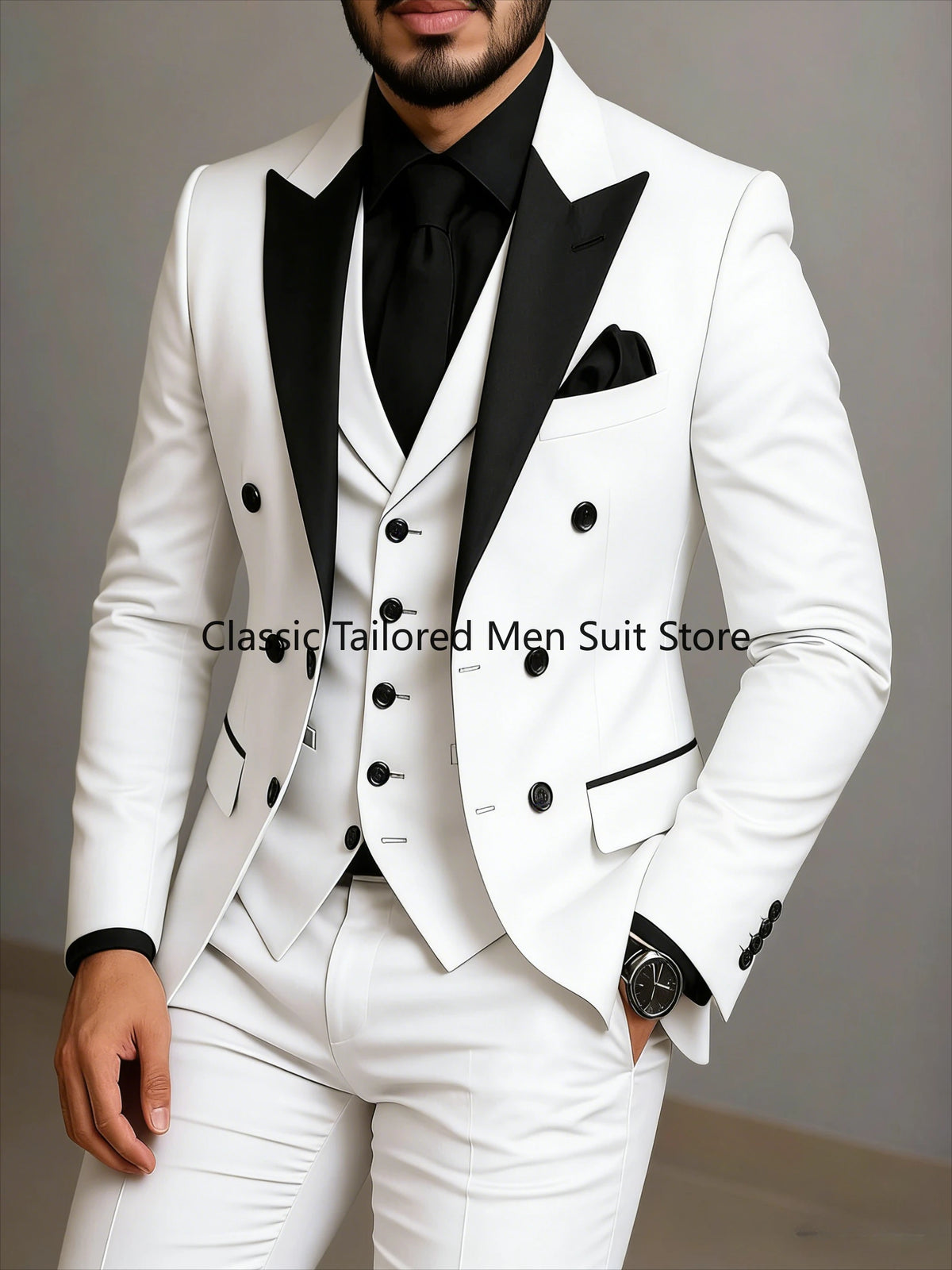 Black Lapel Beige Double Breasted Suit