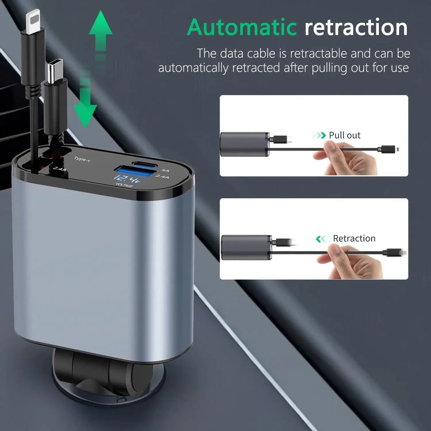Retractable Car Charger, 4 in 1 Fast Car Phone Charger