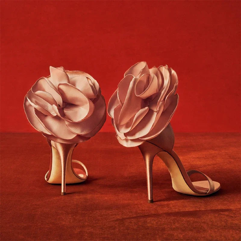 floral round toe slim heel one-piece party sandals
