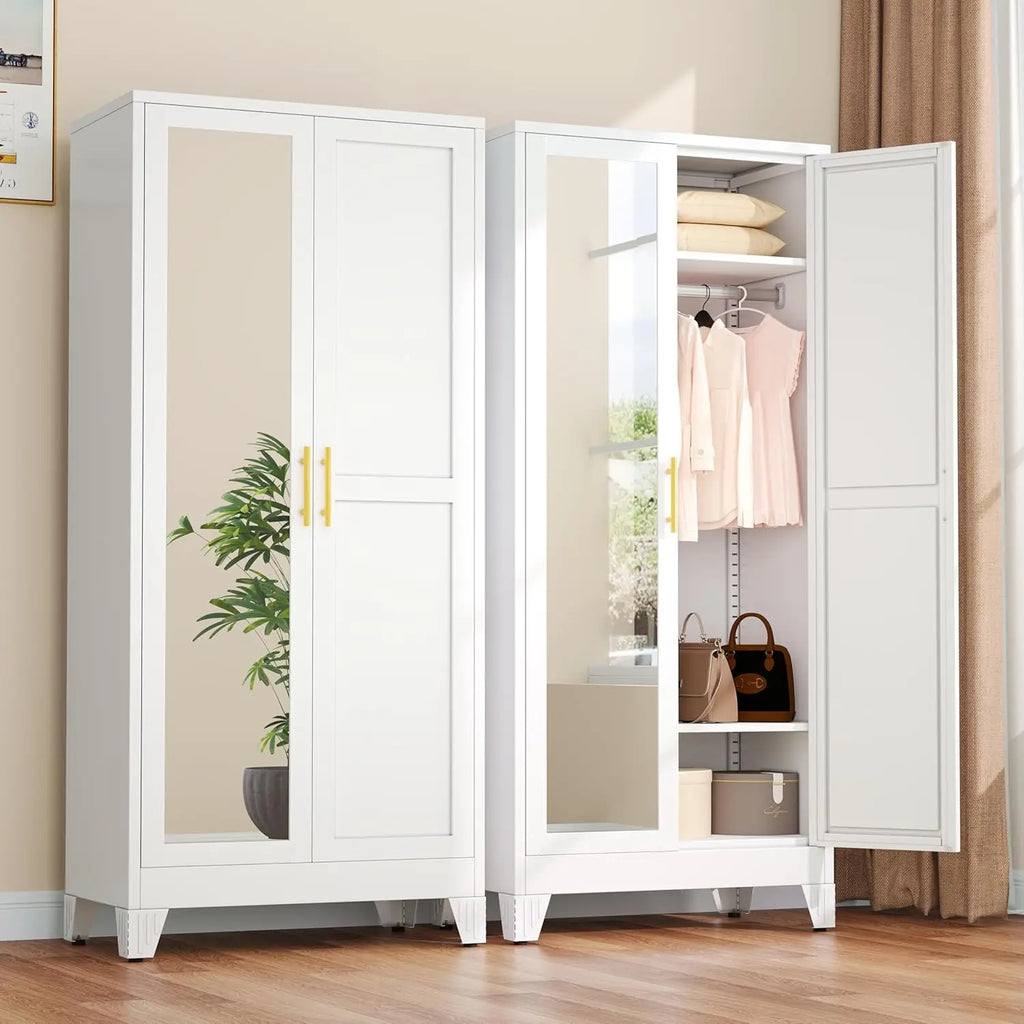 71" Metal Wardrobe Armoire 2 Mirror Doors