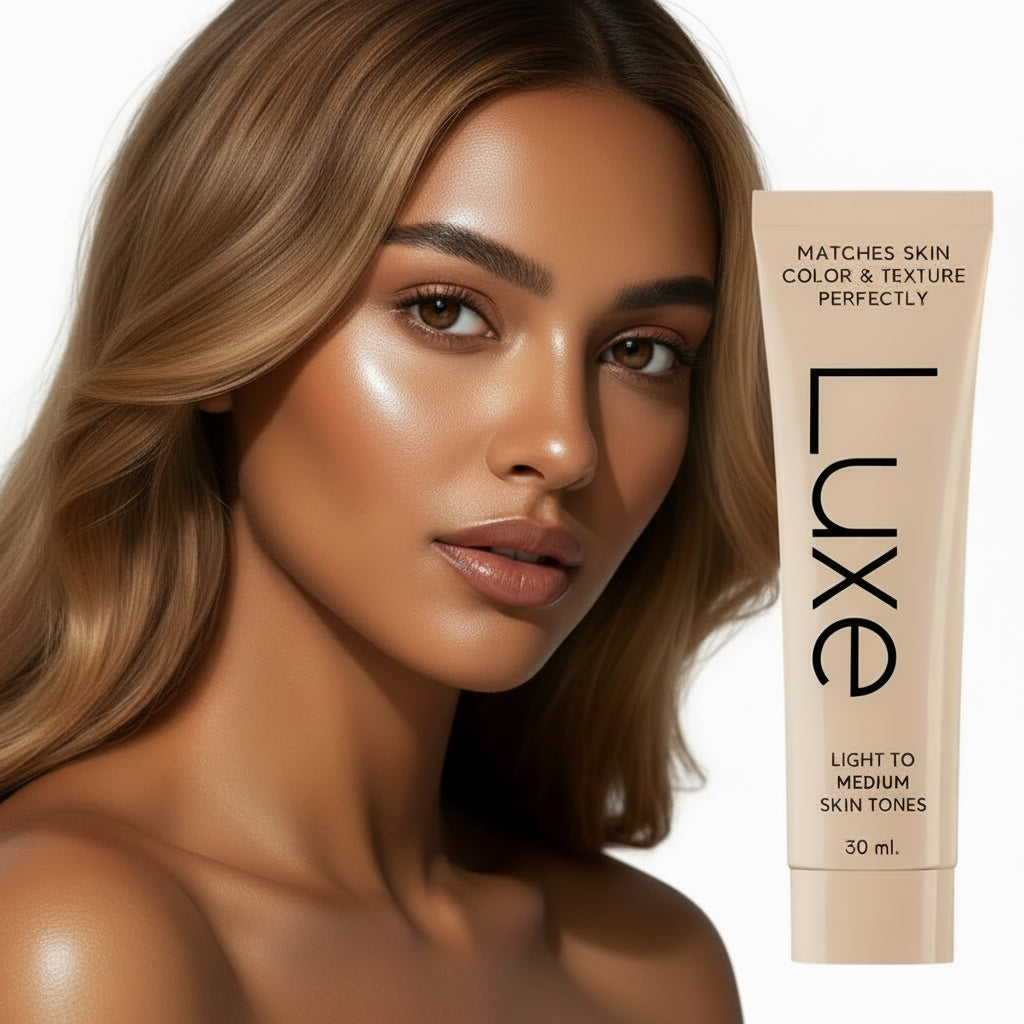 Woman with smooth skin next to a tube of Luxe foundation on a white background
