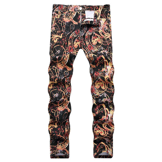 Flower Chain Digital Print Pants lTapered Stretch Denim Jeans