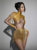 Rhinestone Gold Silver Sequin Tassels Bodysuit