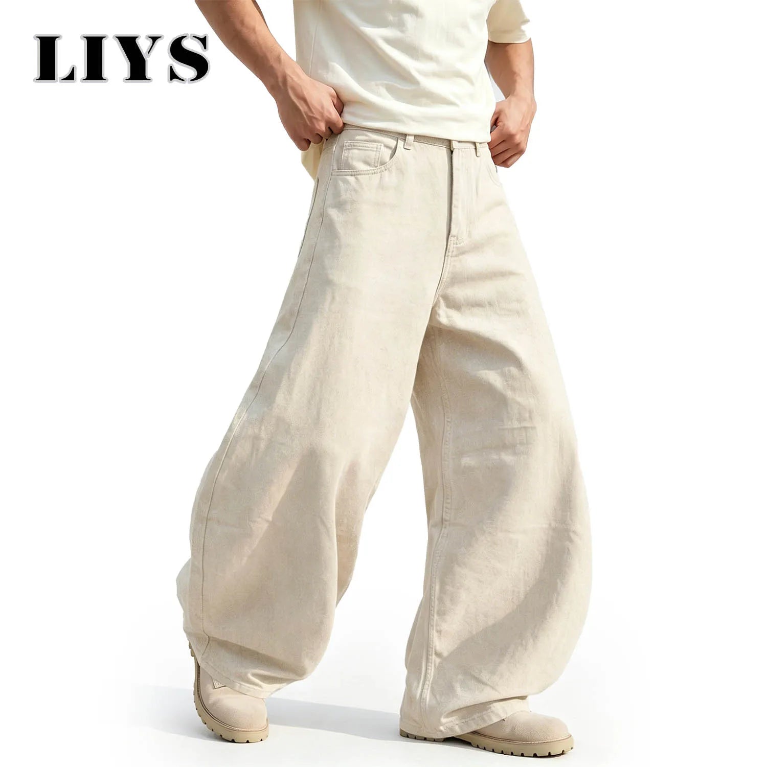 LIYS Men's American Beige Loose Wide Leg Jeans