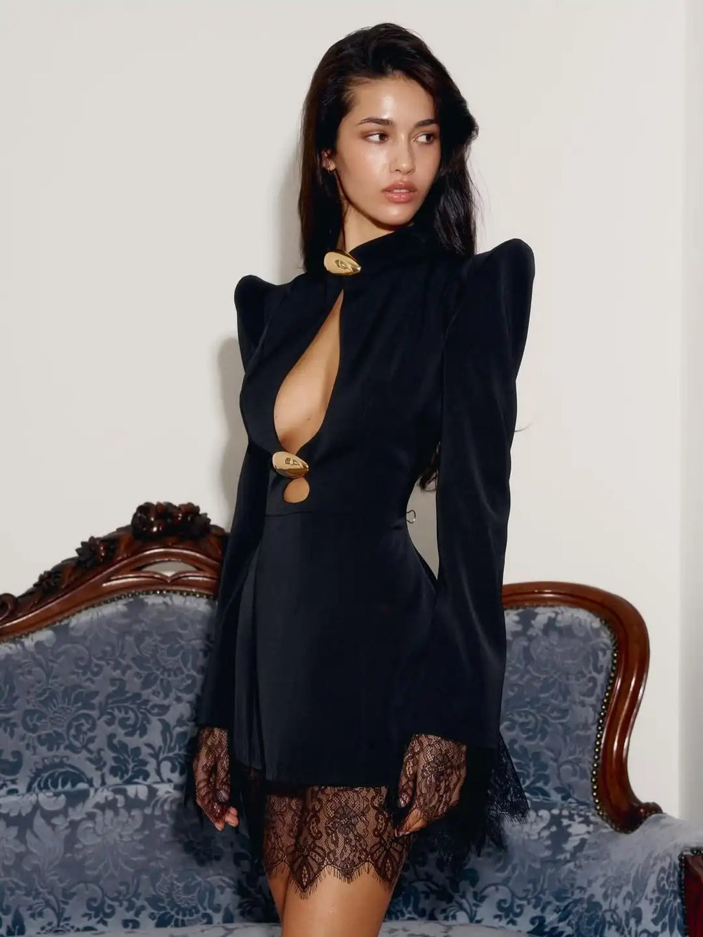 Black Lace Trim Hollow Out Mini Dress