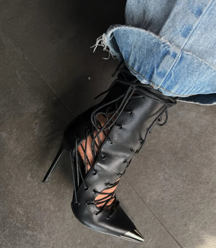 Black leather hollow out high heels