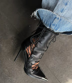 Black leather hollow out high heels