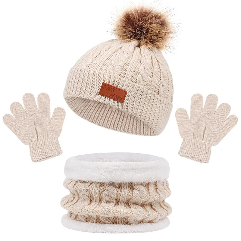 3Pcs Winter Baby beanie hat and scarfs with gloves