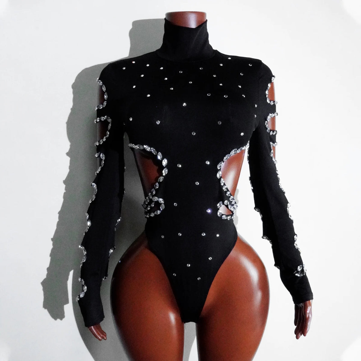 Rhinest Hollow Out Black Women Bodysuit Pants