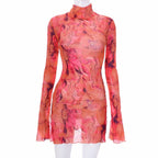 Mesh Printed Vintage Bodycon Dress