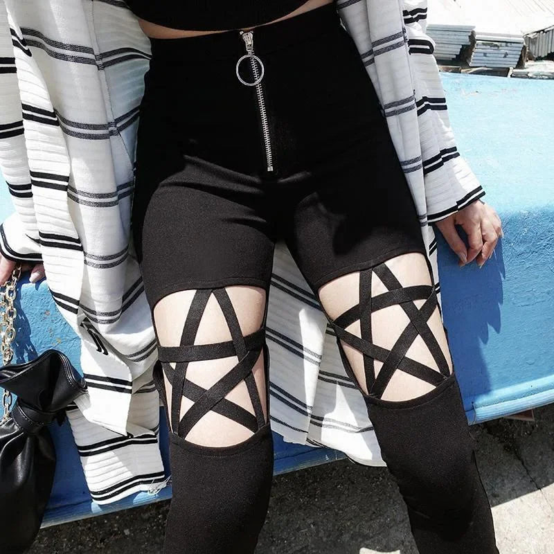 High Waist Hollow out Zipper Pencil Pants