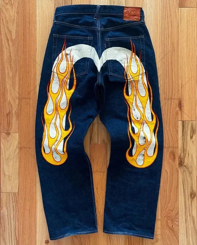 Punk Vintage Print Wide Leg Denim Jeans