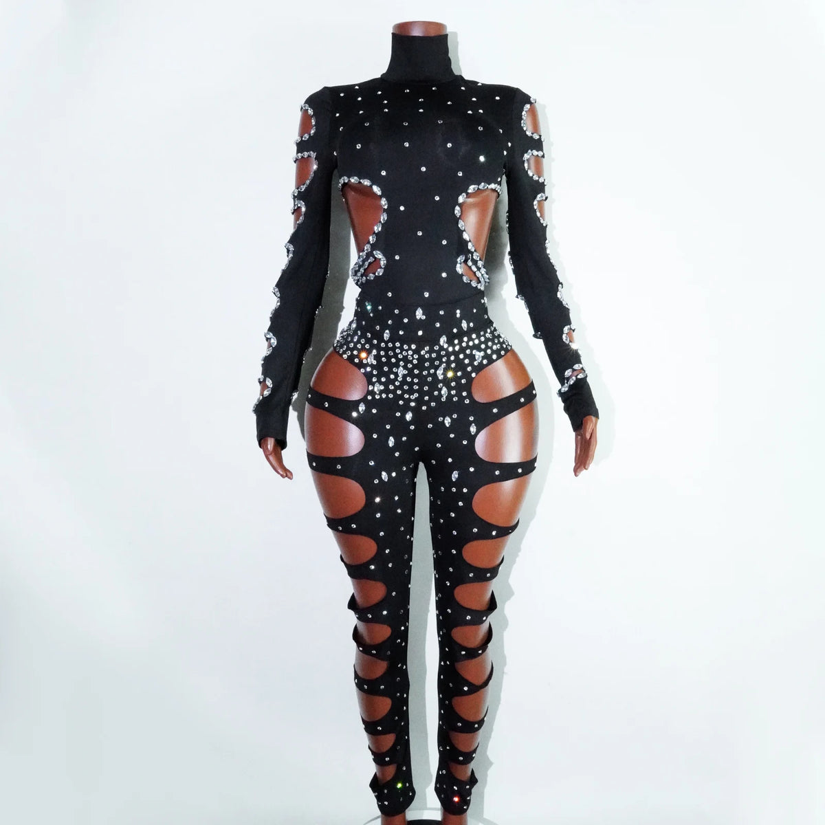 Rhinest Hollow Out Black Women Bodysuit Pants