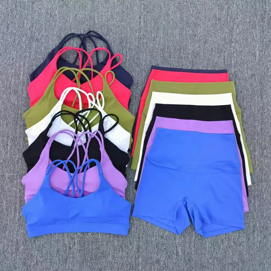 Yoga Shorts Set Gym Sports Set Women Workout Outfit Fitness Suit Cross Straps Bra High Waist Shorts Running Tracksuit