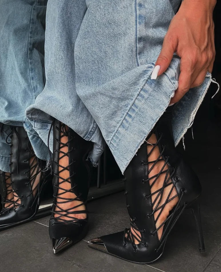 Black leather hollow out high heels