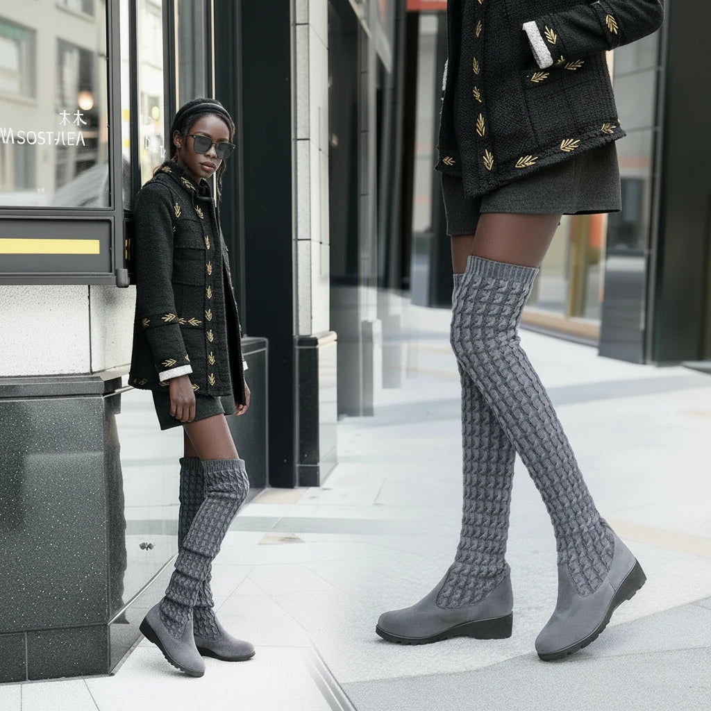 Woman wearing gray knitted knee-high boots in an urban setting