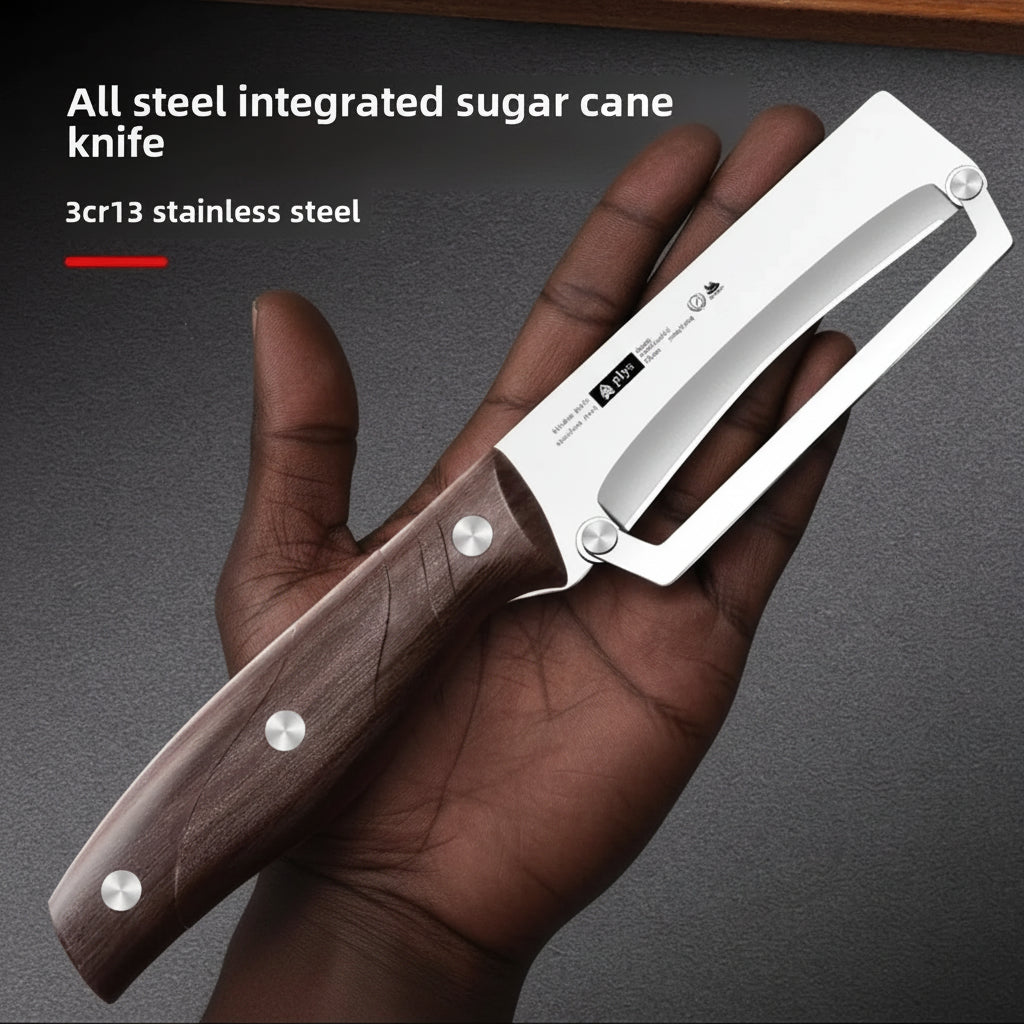 A hand holding a stainless steel sugar cane peeler knife with a dark brown wooden handle. The image features text overlays on the top left reading 'All steel integrated sugar cane knife' and '3cr13 stainless steel', set against a dark textured background.