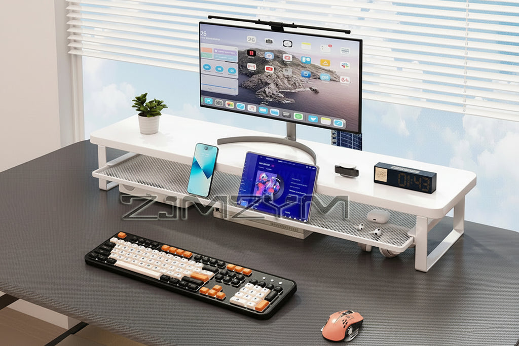 White desk setup with computer monitor, keyboard, mouse, and smartphone on a blurred window background.